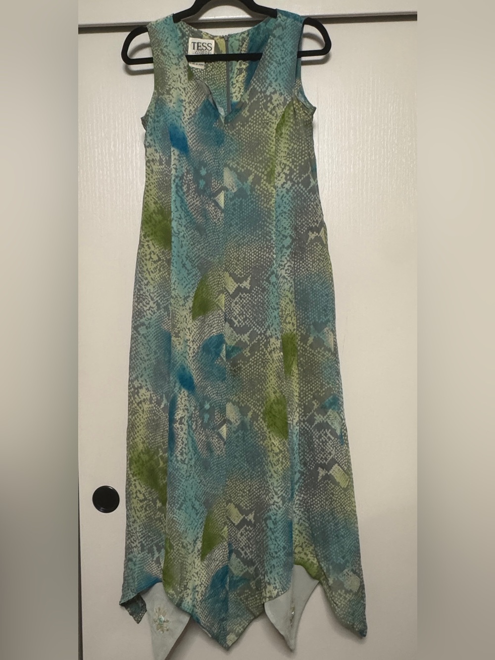 Vintage silk Blue-Green snake Print Handkerchief Hem Dress